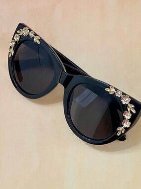 Anthropologie Black - Gold Floral-  Crystal Embellished Cat Eye Sunglasses